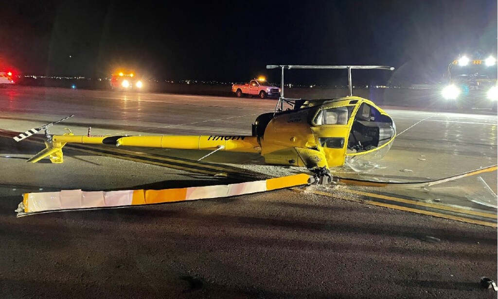 Wreckage of Robinson R22 Beta II N19VH of Quantum Helicopters at Phoenix-Mesa Gateway Airport, AZ After Dynamic Rollover (Credit: FAA via NTSB)
