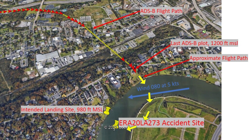 Flight Path of Airbus EC130B4 N55GJ - Based on ADS-B Data (Credit: NTSB) - Note the landing site elevation does not agree with open source mapping data 