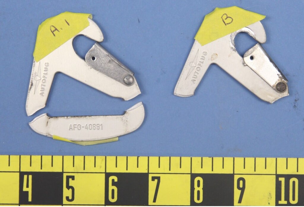 LASD Airbus AS332L1 Super Puma N950SG Air Rescue 5 Brownout Accident: PIC's Failed Seat Belt Clips (Credit: NTSB)