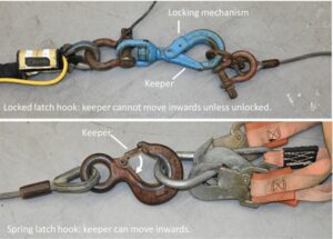 Comparison of locked latch hook (top) and spring latch hook (bottom) (Credit: TSB)