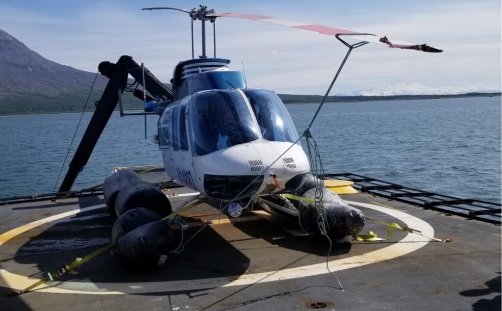 Bell206L-1 N1432 Recovered Aboard RV Steadfast Following a Main Rotor Blade Strike During HESLO and Ditcing (Credit: Operator via NTSB)